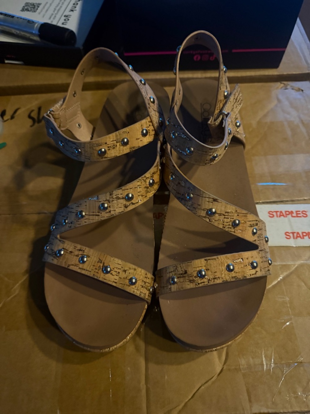Corkys Studded Cork-Pattern Strappy Sandals - Tan